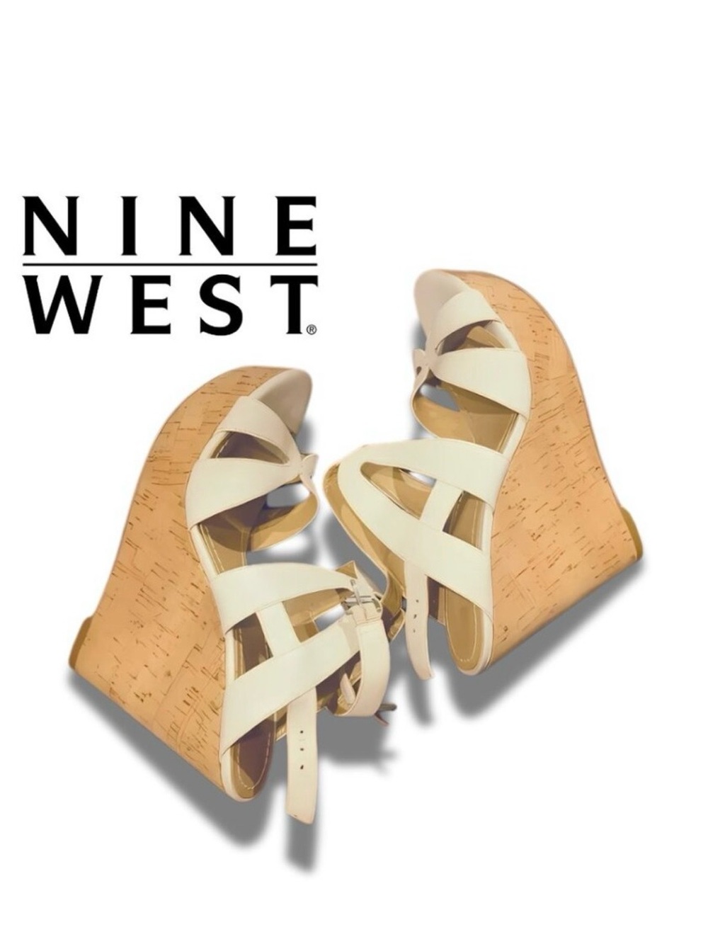 Nine West Ivory Strappy Cork Wedge Sandals - Size: 8